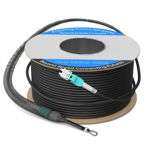 OM3 armored cable drum (listing original) OM3 Armored Fiber Optic Patch Cable — LC to LC Uniboot Duplex, Outdoor TPU, Pulling Eye