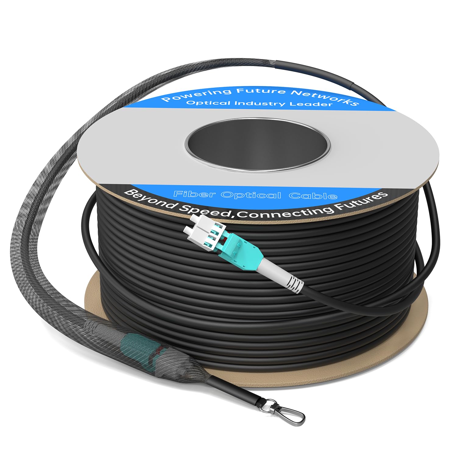 OM3 armored fiber optic cable on drum with LC Uniboot connectors